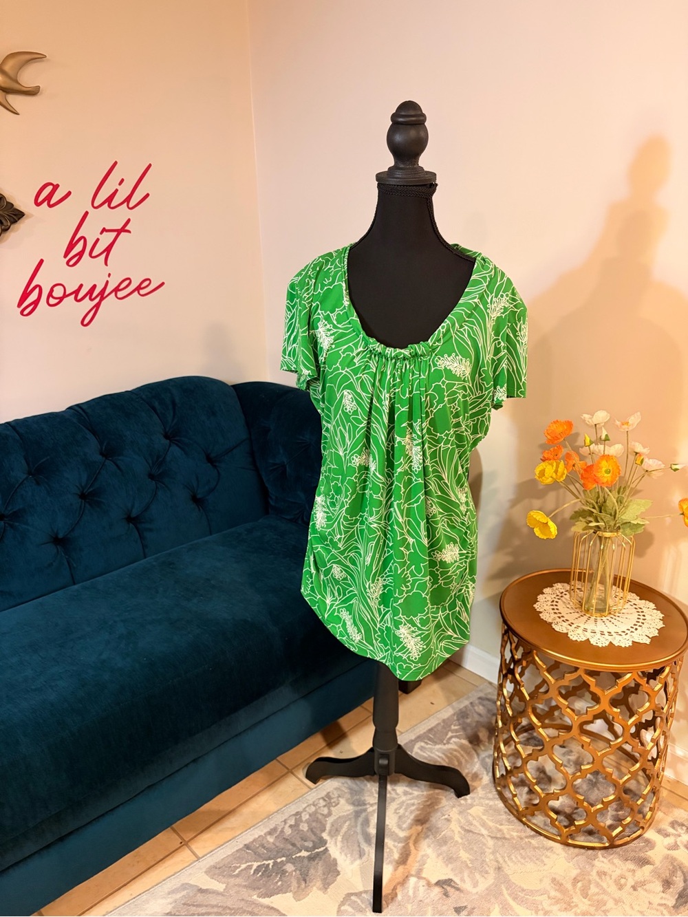 New York & Company Green Floral Print Gathered Neck Blouse | XL